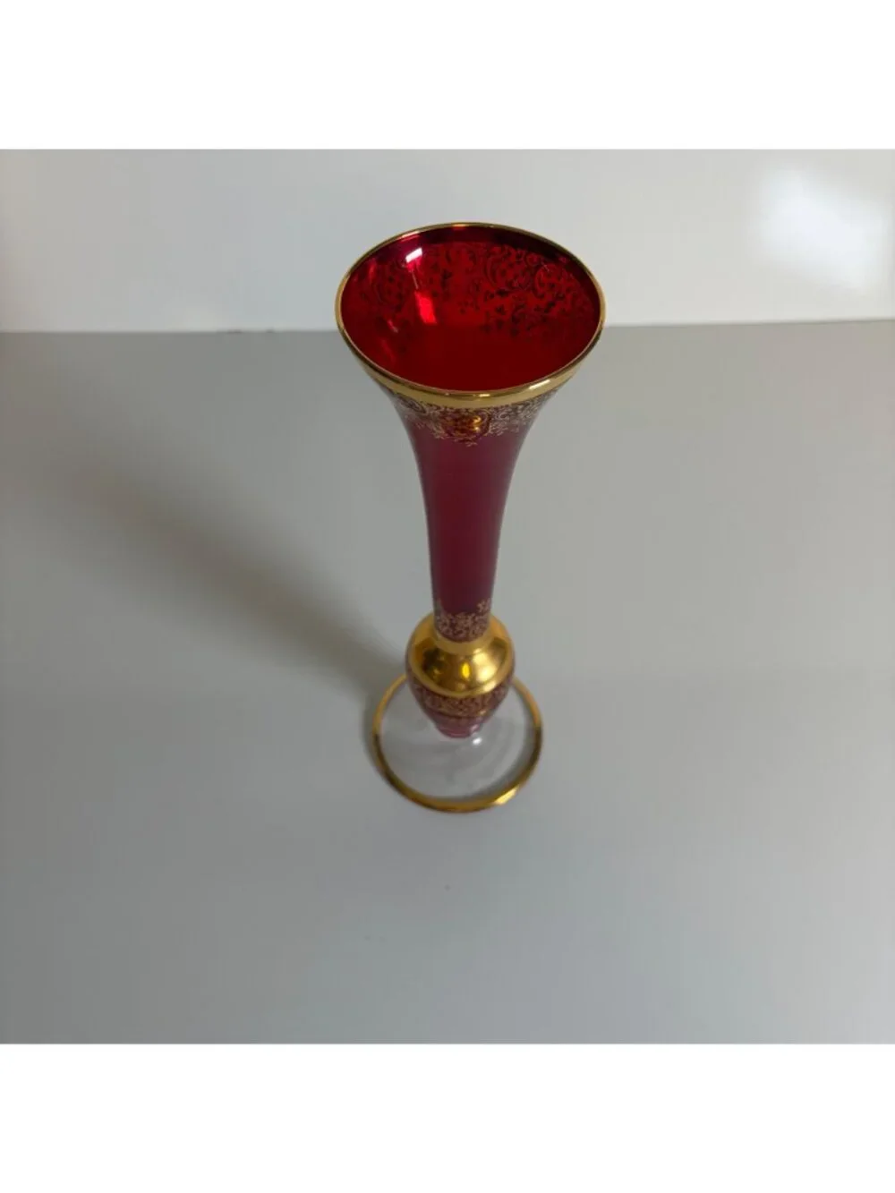 Ruby Red Glass Bud Vase Gold Filigree Design Trim Vintage 10 inch Elegant Ornate